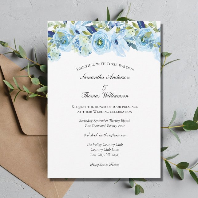 Blue Floral Greenery Elegant Modern Wedding  Invitation (Creator Uploaded)