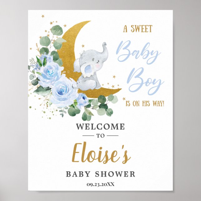 Blue Floral Greenery Elephant Baby Shower Welcome  Poster (Front)