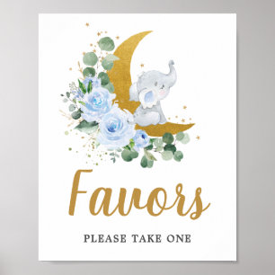 Blue Floral Greenery Elephant Crescent Moon Favour Poster