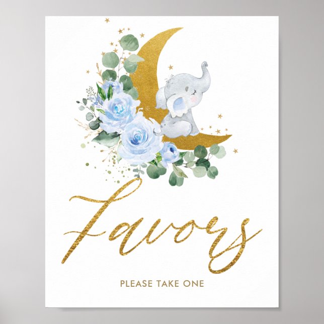 Blue Floral Greenery Elephant Crescent Moon Favour Poster (Front)