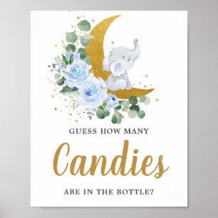 Blue Floral Greenery Elephant How Many Candies Poster