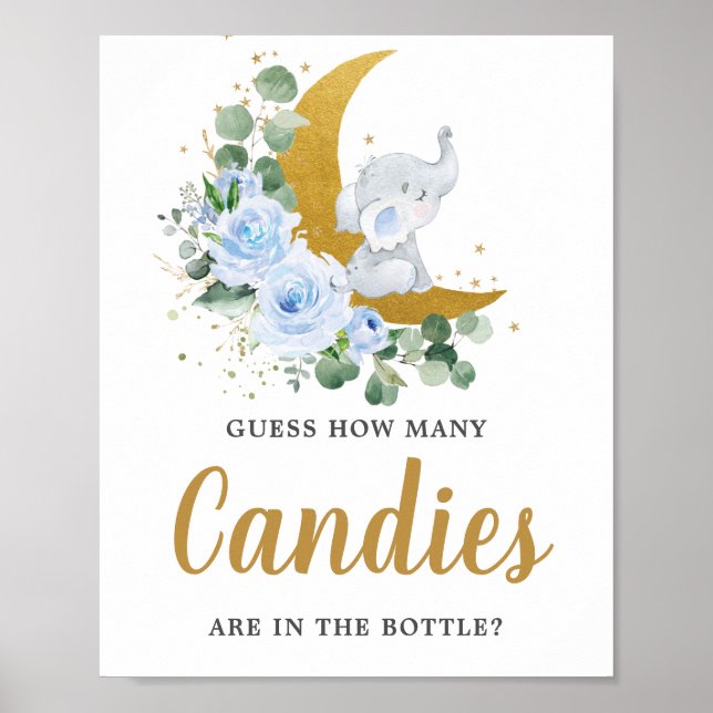Blue Floral Greenery Elephant How Many Candies  Poster (Front)