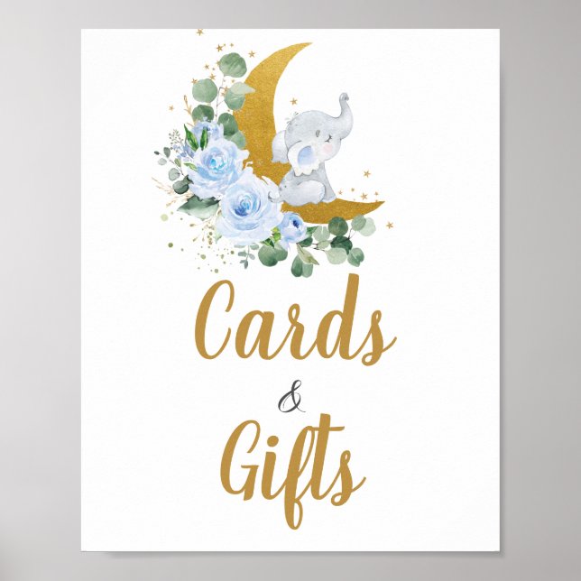 Blue Floral Greenery Elephant Moon Cards and Gifts Poster (Front)