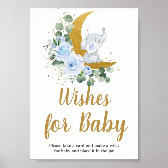 Blue Floral Greenery Elephant Moon Wishes for Baby Poster (Front)
