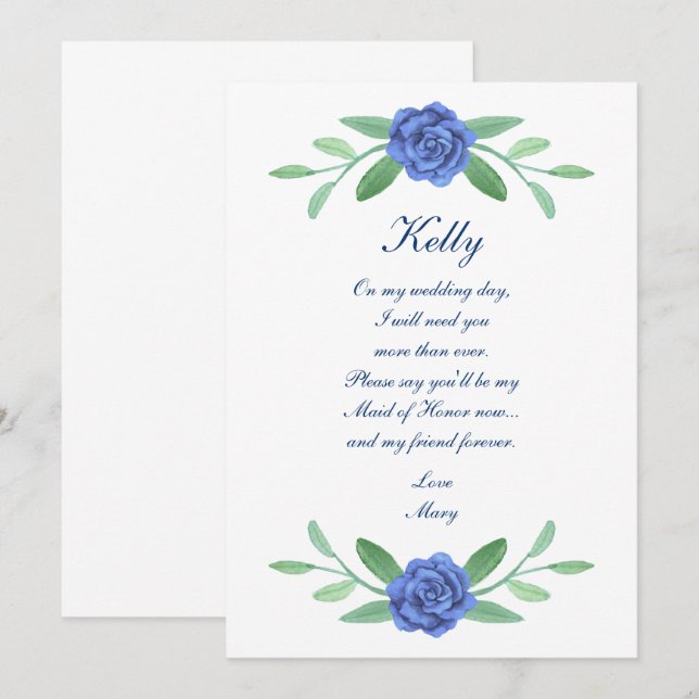 Blue Floral Greenery Foliage Maid Of Honour Card (Front/Back)