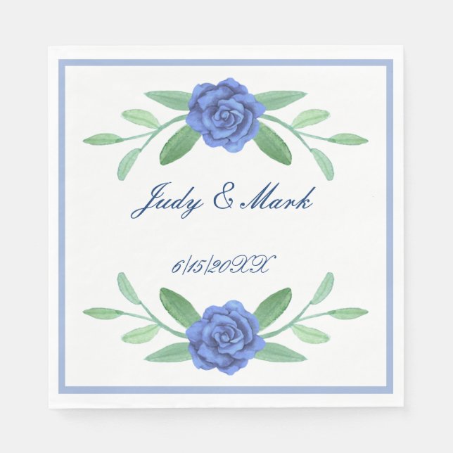 Blue Floral Greenery Foliage Paper Napkins (Front)