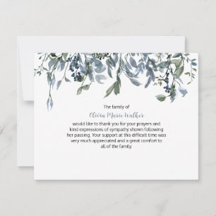 Blue Floral Greenery Funeral Script Thank You Card