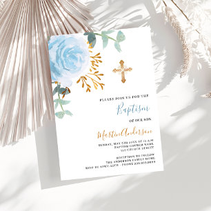 Blue floral greenery gold cross boy luxury baptism invitation