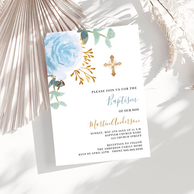 Blue floral greenery gold cross boy luxury baptism invitation (Creator Uploaded)
