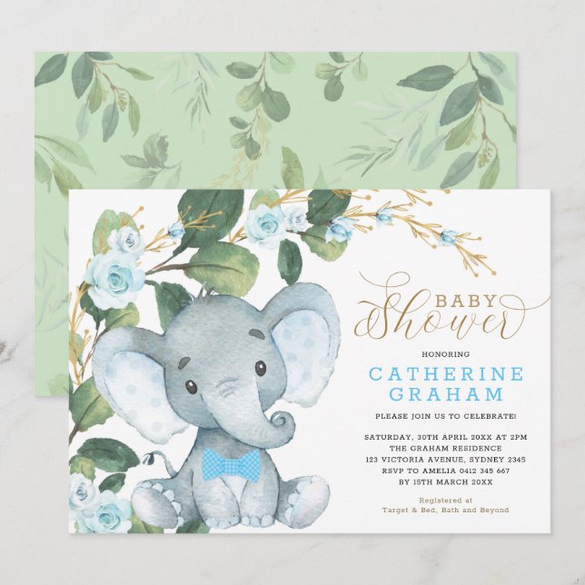 Blue Floral Greenery Gold Elephant Baby Shower Invitation (Front/Back)