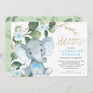 Blue Floral Greenery Gold Elephant Baby Shower Invitation