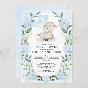 Blue Floral Greenery Little Lamb Baby Sheep Shower Invitation
