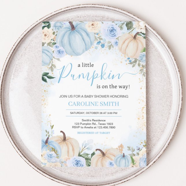 Blue Floral Greenery Little Pumpkin Baby Shower Invitation (Greenery Floral Pumpkin Invitation)