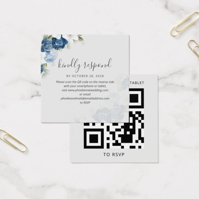 Blue Floral Greenery QR Code Wedding RSVP Card (Office)