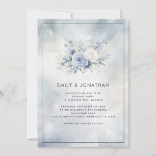 Blue Floral Grey Watercolor Wedding Evening Invite