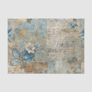 Blue Floral Grungy Distressed Ephemera Collage Tissue Paper