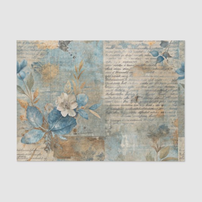 Blue Floral Grungy Distressed Ephemera Collage Tissue Paper (Front)
