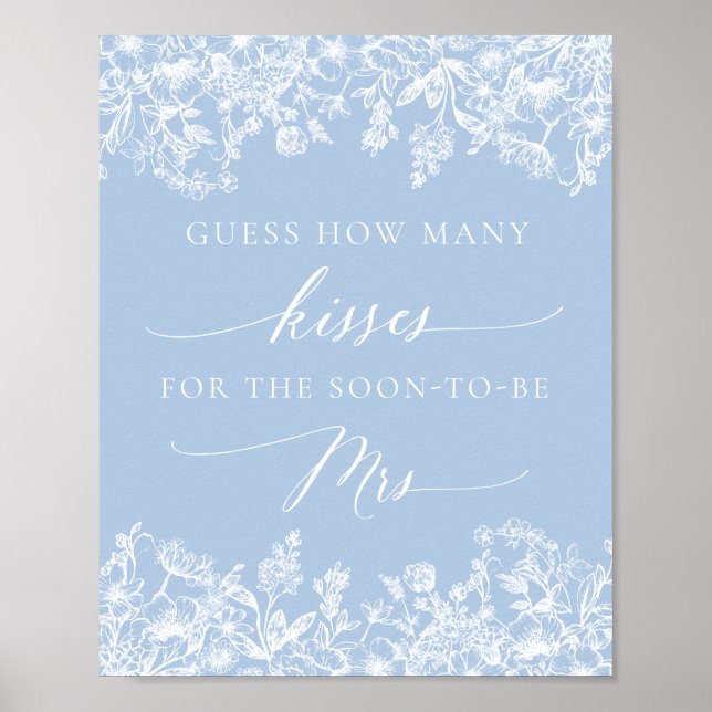Blue Floral Guess How Many Kisses Bridal Shower Poster (Front)