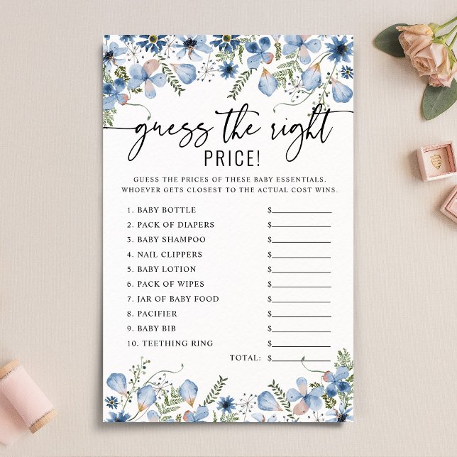 Blue Floral Guess the Right Price Baby Shower Game (Creator Uploaded)