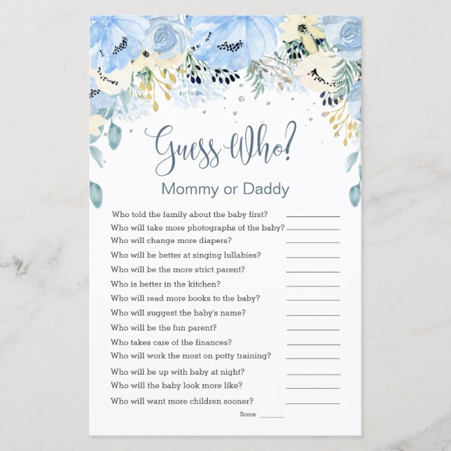 Blue Floral Guess Who Baby Shower Games Flat Paper (Front)