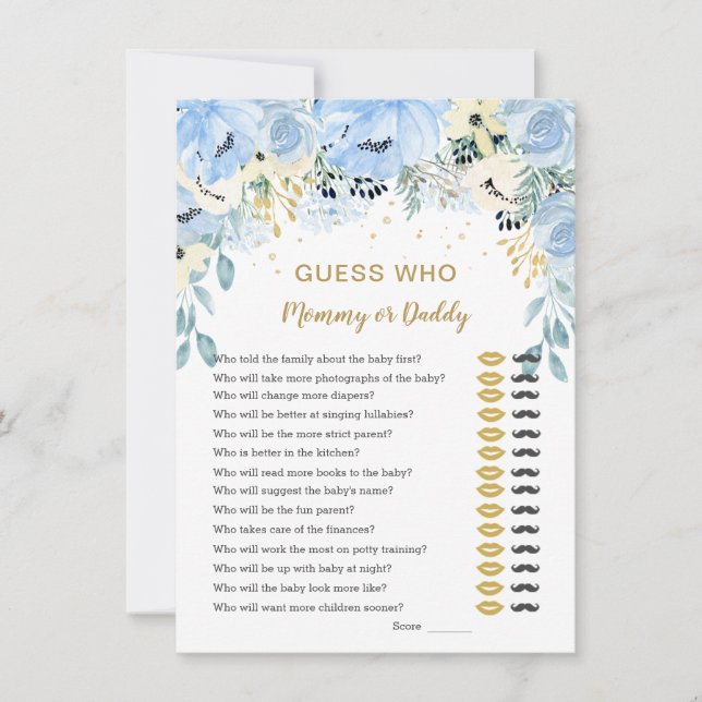 Blue Floral Guess Who Baby Shower Games Invitation (Front)