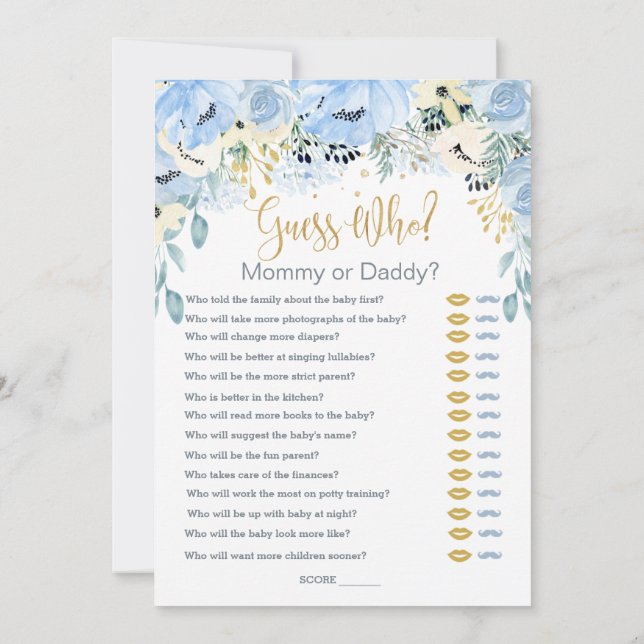 Blue Floral Guess Who Baby Shower Games Invitation (Back)