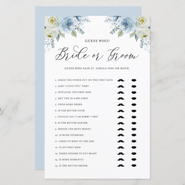 Blue Floral Guess Who Bride or Groom Shower Game (Front/Back)
