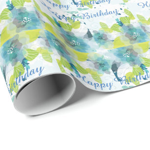 Blue Floral Happy Birthday Gift Wrap