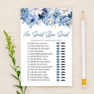 Blue Floral He Said She Said Bridal Shower Game Stationery