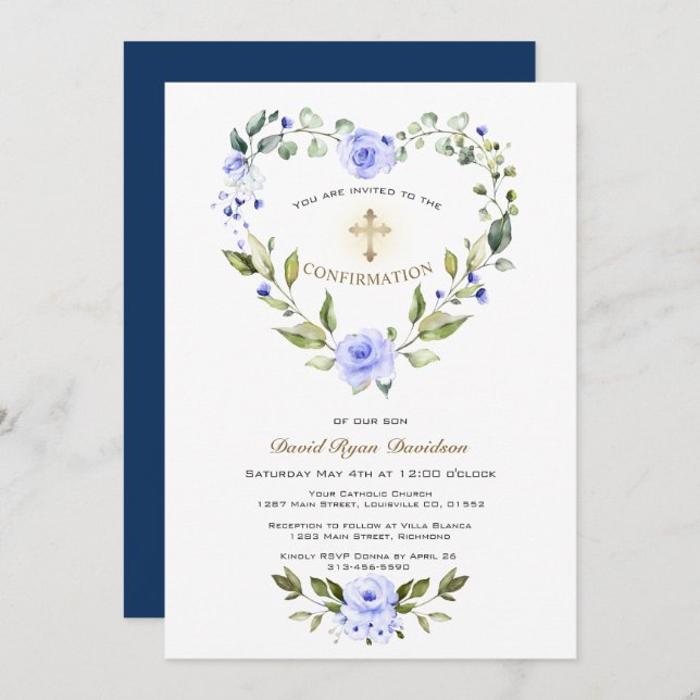 Blue Floral Heart Frame Cross Boy Confirmation Invitation (Front/Back)