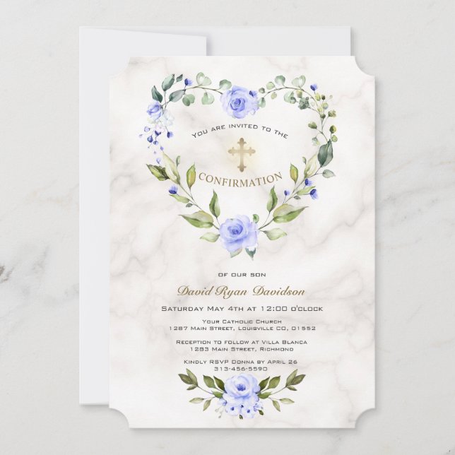 Blue Floral Heart Frame Marble Boy Confirmation Invitation (Front)