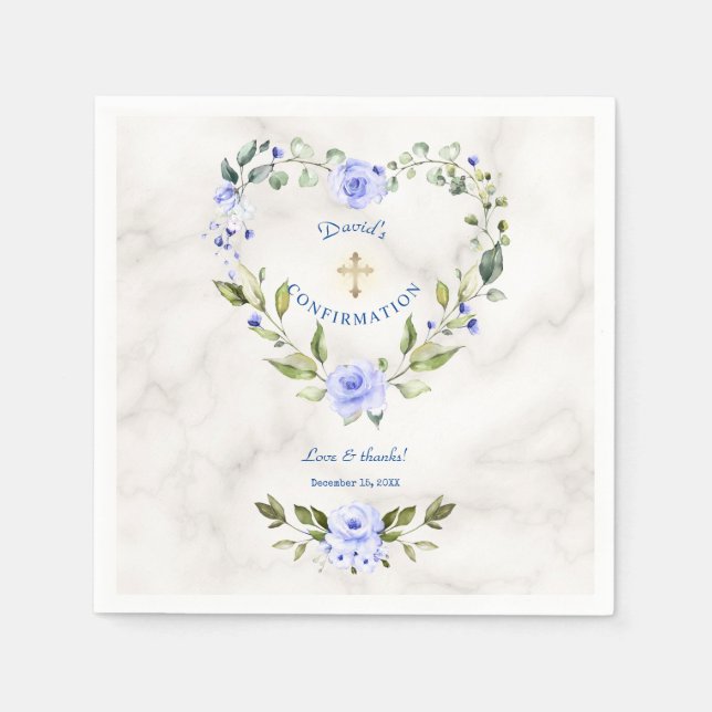 Blue Floral Heart Gold Marble Boy Confirmation Napkin (Front)