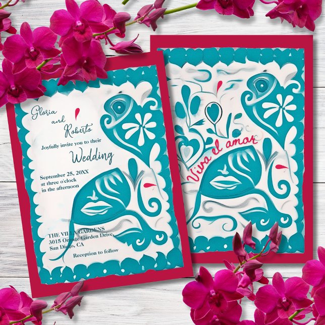 Blue Floral Heart Papel Picado Mexican Wedding  Invitation (Creator Uploaded)