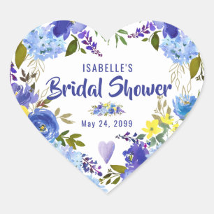 Blue Floral & Heart Personalised Bridal Shower Heart Sticker