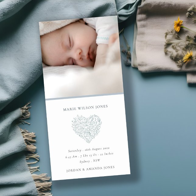 Blue Floral Heart Photo Baby Birth Announcement  (Creator Uploaded)