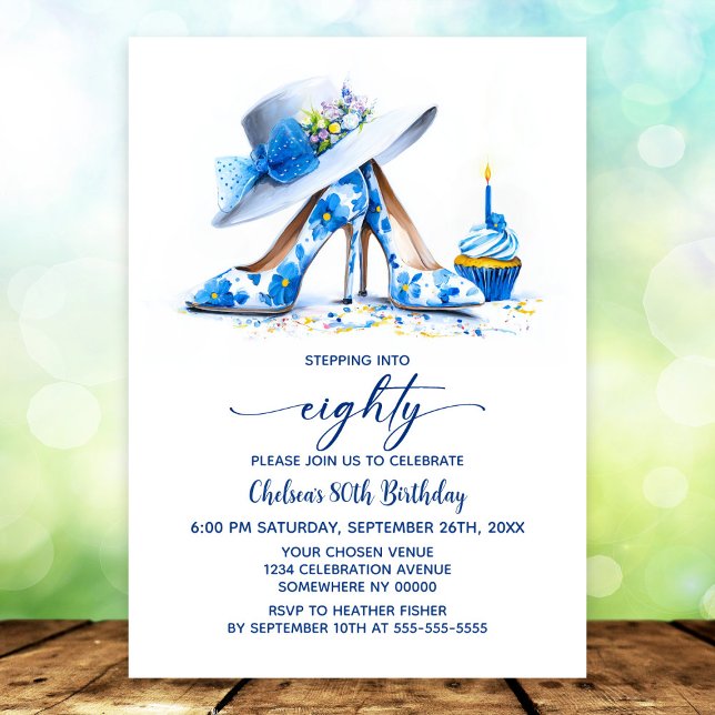 Blue Floral High Heel Shoes 80th Birthday Party Invitation (Creator Uploaded)