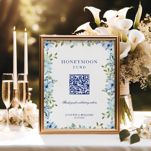 Blue Floral Honeymoon Gift QR Code Wedding Sign