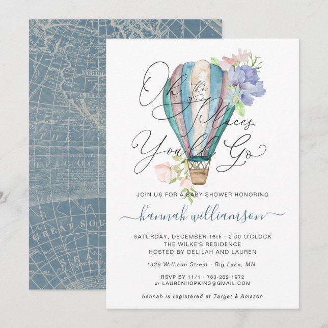 Blue Floral Hot Air Balloon Baby Shower Invitation (Front/Back)