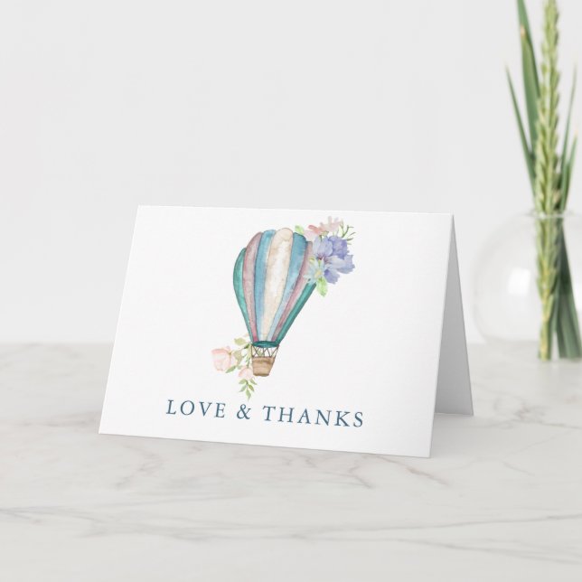 Blue Floral Hot Air Balloon Baby Shower Thank You Card (Front)