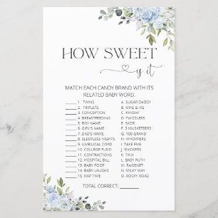 Blue Floral How Sweet Is It Baby Shower Game