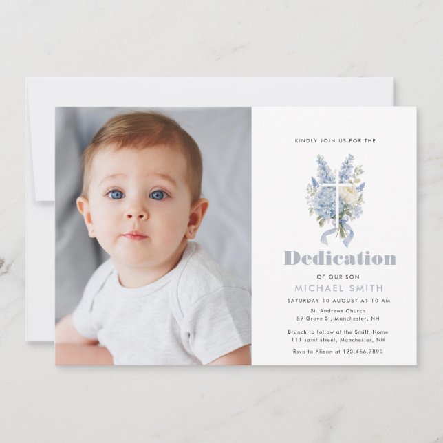 blue floral hyadrangea Dedication invitation (Front)