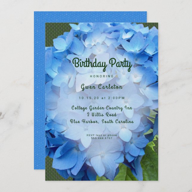 Blue Floral Hydrangea Birthday Party Invitation (Front/Back)