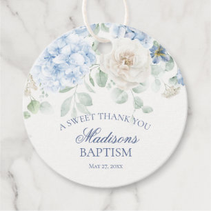 Blue Floral Hydrangea Bloom Baptism Circle Favour Tags
