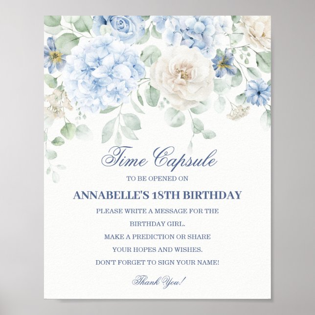 Blue Floral Hydrangea Botanical Bloom Time Capsule Poster (Front)