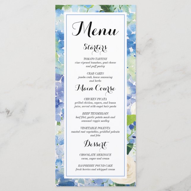 Blue Floral Hydrangea Menu Cards (Front)
