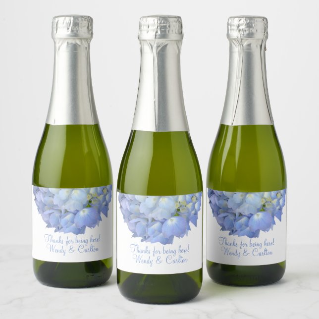 Blue Floral Hydrangea Thank Guests Favour Sparkling Wine Label (Bottles)