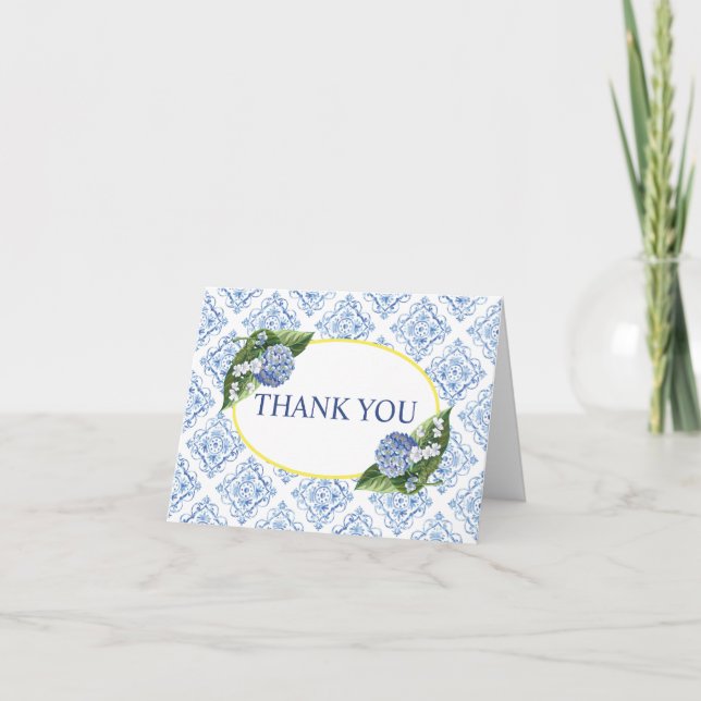 Blue Floral Hydrangea Thank You Card (Front)