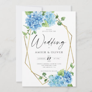 Blue Floral Hydrangeas Elegant Gold Modern Wedding Invitation