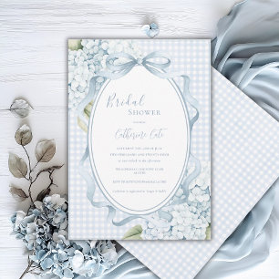 Blue Floral Hydrangeas Gingham Whimsical Bridal Invitation