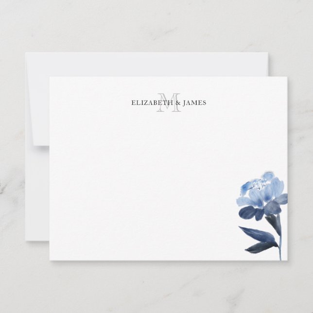 Blue Floral Initial Monogram Couple Personalised Card (Front)